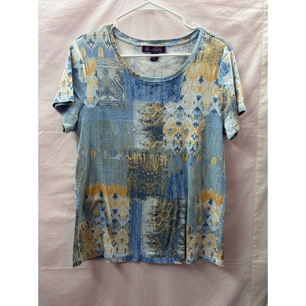 Gloria Vanderbilt Margaret Blue Yellow Paisley Patchwork Cotton Tee Shirt L